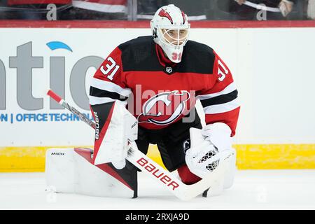 NJ Devils Goaltender Erik Kallgren gets loose before Preseason Opener 