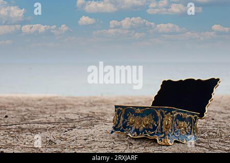 Treasure chest with sea background Stock Photo