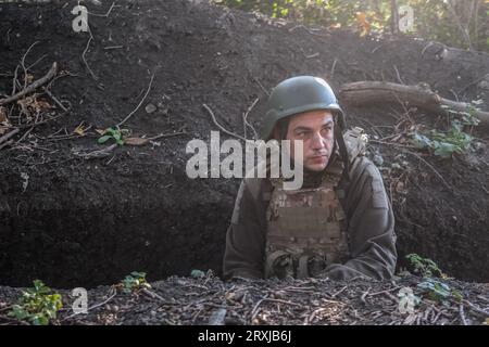 Chasiv Yar, Ukraine. 20th Sep, 2023. Ukrainian soldier sits in the trench on the frontline in Donetsk Oblast. (Photo by Aziz Karimov/SOPA Images/Sipa USA) Credit: Sipa USA/Alamy Live News Stock Photo