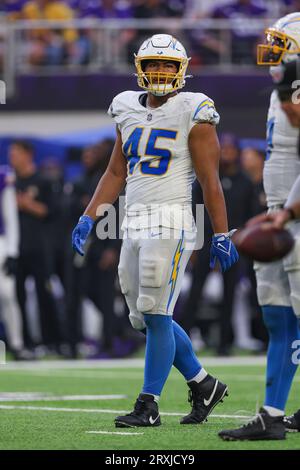 Los Angeles Chargers linebacker Tuli Tuipulotu (45) runs during an NFL  preseason football game against the New Orleans Saints, Sunday, Aug. 20,  2023, in Inglewood, Calif. (AP Photo/Kyusung Gong Stock Photo - Alamy