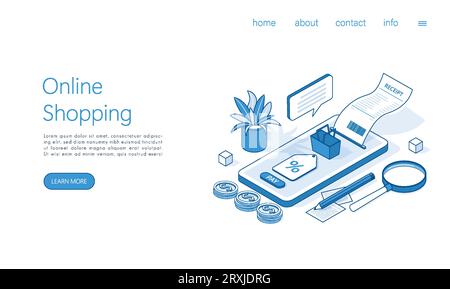 Landing page template online shopping payment bill. Smartphone, paper receipt bill. Isometric vector. Stock Vector