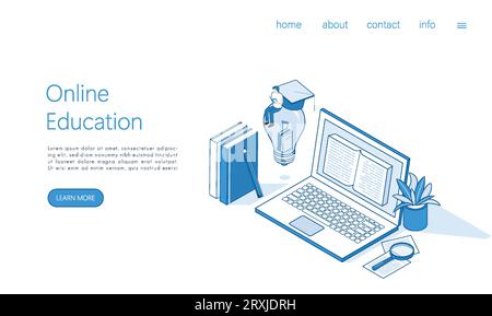 Landing page template online education, e learning and adult courses concept. Language distance school. Modern 3d for web site, banner design, video t Stock Vector