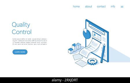 Landing page quality control and standardization of manufactured products. Isometric vector. Stock Vector