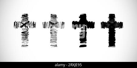 Jesus cross. Set of artistic sketches. Hand drawing style. Black and white concept. Brushing stroke template. Christian church logo element. T shirt g Stock Vector