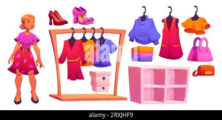 Women cloth boutique interior elements. Cartoon vector set of fashion store objects - female mannequin, rack with apparel on hangers, dresses and shirts, shoes and accessories, empty shelves. Stock Vector
