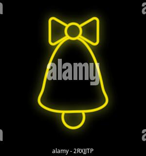 Vector illustration of realistic neon alarm bell with wires and text notification, stay in touch on dark blue background. Glowing neon light tube art Stock Vector
