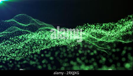Futuristic abstract green glowing wave lines from dots and particles of shining pixels magical energy glowing neon in sunbeams. Abstract background. Stock Photo
