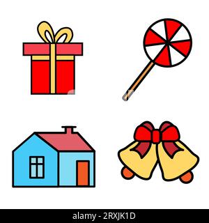 Christmas Color Icon Set. Winter Holiday Symbols Collection, Vector Sketches, Logo Illustrations. Stock Vector