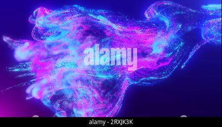 Abstract fluid explosion iridescent blue and purple glowing energy magic waves with blur effect in liquid water on dark blue background. Abstract back Stock Photo