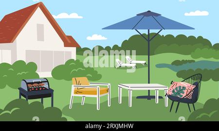 Backyard relax. Cozy house yard. Summer garden furniture or recreation elements. BBQ grill. Table under umbrella. Lounge chairs. Patio landscape Stock Vector