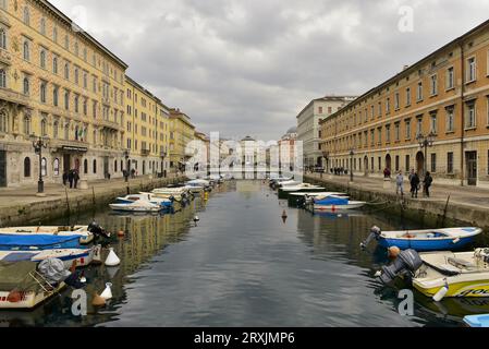 View of the of the Grand Canal of Trieste, the Church of Sant'Antonio Nuovo amd Piazza della Borsa from Ponte Curto, Trieste, Italy Stock Photo