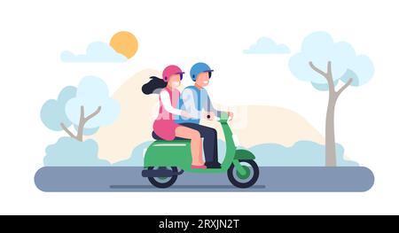 Happy guy and girl traveling. Couple on scooter. Romantic dating. People driving moped. Man and woman riding along park road. Motorcycle trip by bike Stock Vector