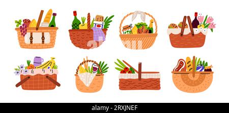 Picnic baskets with food. Cartoon wicker containers full of delicious. Lunch in nature. Outdoor eating. Products hampers. Wine bottles. Bread with Stock Vector