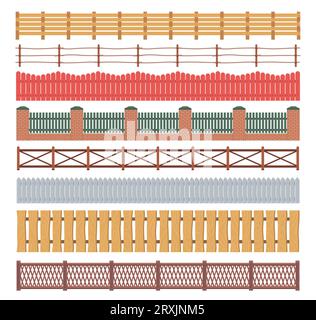 Wooden fences. Farm hedges. Slats and grilles. Garden palisade. Seamless village fencing. Different types barriers. Decorative pillars. Outdoor Stock Vector