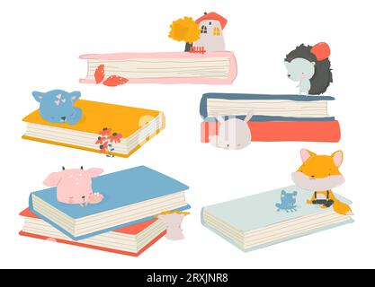 Cute Little Animals standing on Big Books Stock Vector