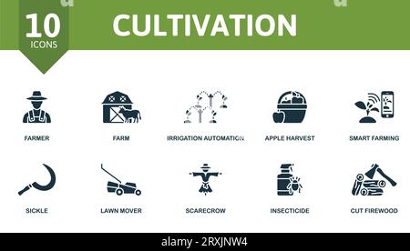 Cultivation set. Creative icons: farmer, farm, irrigation automation, apple harvest, smart farming, sickle, lawn mover, scarecrow, insecticide, cut Stock Vector