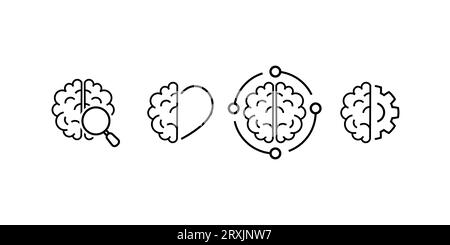 Human Brain AI Concept Black Line Icon Set. Human Mind, Brainstorm, Artificial Intelligence, Stress Symbol Collection on White Background. Editable St Stock Vector