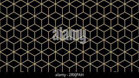 Isometric cube grid seamless pattern. Golden line isometric grid. Cubic hexagon texture. Rhombus mesh background. Geometric squared pattern. Vector Stock Vector