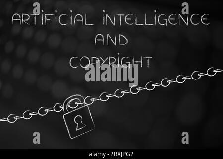 artificial intelligence and copyright conceptual image, text with padlock and chain Stock Photo