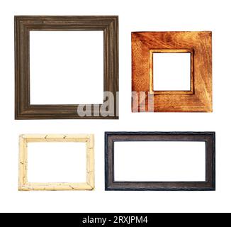 Set of retro wooden photo frames. Collection of vintage wood picture frame of different form (square, rectangular). Isolated on white background. Copy Stock Photo