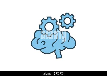 Thinking process icon. Brain icon with gear. icon related to critical thinking . suitable for web site design, app, user interfaces, printable etc. Fl Stock Vector