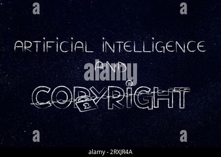 artificial intelligence and copyright conceptual image, text with padlock and chain Stock Photo