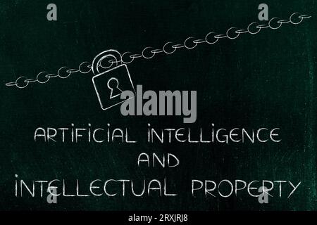 artificial intelligence and intellectual property conceptual image, text with padlock and chain Stock Photo