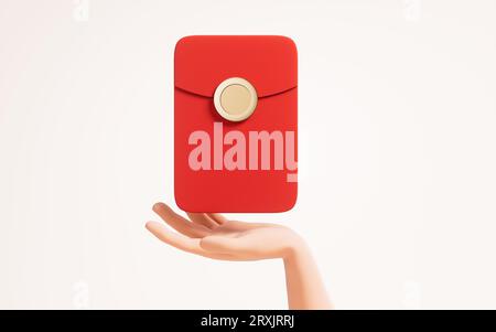 Chinese lucky red package in a hand, 3d rendering. Digital drawing. Stock Photo