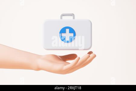 Medical box in a hand, 3d rendering. Digital drawing. Stock Photo