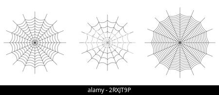 Symmetrical spider web icon. Geometric halloween badge. Minimal spooky sticker. Stock Vector