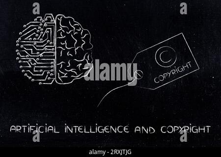 artificial intelligence and copyright conceptual image, half artificial half human brain with copyright label next to it Stock Photo