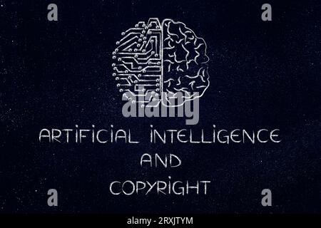 artificial intelligence and copyright conceptual image, text with half artificial half human brain Stock Photo