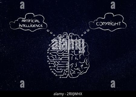 artificial intelligence and copyright conceptual image, half artificial half human brain with thoughts Stock Photo