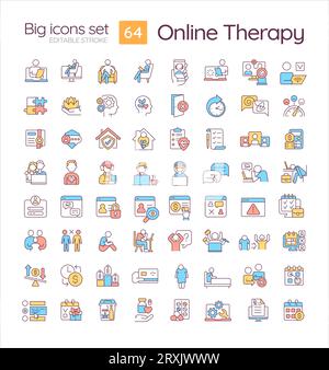 Editable multicolor big icons set for online therapy Stock Vector