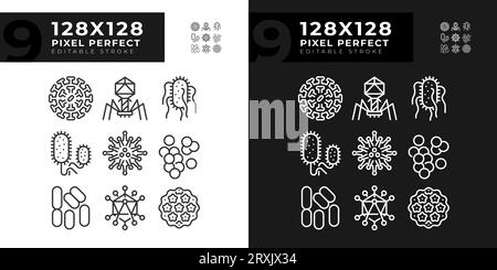 Pack of pixel perfect dark and light bacteria icons Stock Vector