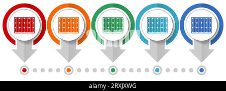 Solar panel, clean energy, power vector icon set, flat design infographic template, set pointer concept icons in 5 color options for webdesign and mob Stock Vector