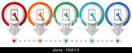 Mobile phone, smartphone service vector icon set, flat design infographic template, set pointer concept icons in 5 color options for webdesign and mob Stock Vector