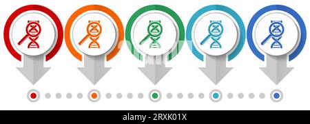 Science, genetic research vector icon set, flat design infographic template, set pointer concept icons in 5 color options for webdesign and mobile app Stock Vector