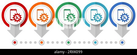 Mobile phone, smartphone service vector icon set, flat design infographic template, set pointer concept icons in 5 color options for webdesign and mob Stock Vector