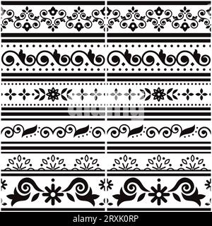 Lisbon style Azulejo tile seamless vector border or fram pattern collection, retro  design set inspired by art from Portugal with floral and geometric Stock Vector