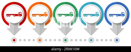 Truck with long semi trailer, transport vector icon set, flat design infographic template, set pointer concept icons in 5 color options for webdesign Stock Vector