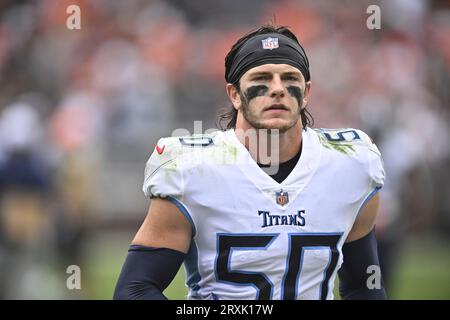 Tennessee Titans linebacker Jack Gibbens (50) jogs off the field before an  NFL preseason football game against the New England Patriots, Friday, Aug.  25, 2023, in Nashville, Tenn. (AP Photo/George Walker IV