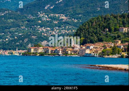 The town of Bellagio, and in the background the town of Varenna, on Lake Como. Stock Photo