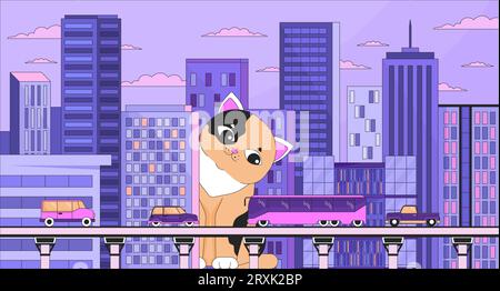 Giant cat watching over city 2D linear illustration concept Stock Vector
