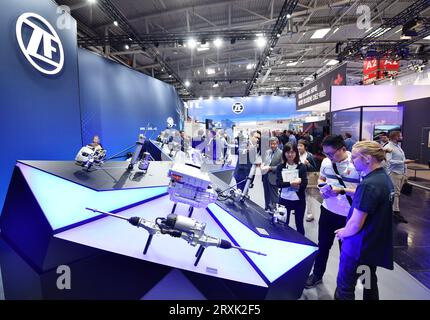 Frankfurt, Germany. 5th Sep, 2023. People visit the booth of ZF during the 2023 International Motor Show, officially known as the IAA MOBILITY 2023, in Munich, Germany, Sept. 5, 2023. Credit: Ren Pengfei/Xinhua/Alamy Live News Stock Photo