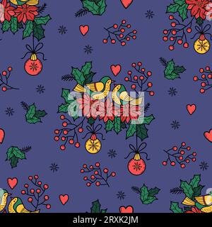 Christmas Seamless Pattern. Pair of love birds with berries, poinsettia flowers, holly and Christmas balls on blue background. Vector illustration. Xm Stock Vector