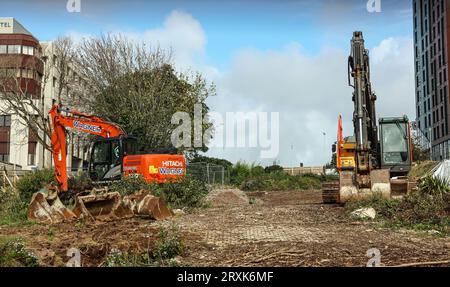 A walled of part at the northern end of Plymouth’s Armada Way where heavy construction plant awaits the go ahead for the next move and a revised schem Stock Photo