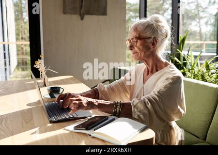 Serious senior woman concentrating on her online work on laptop while sitting at table in the restaurant Stock Photo