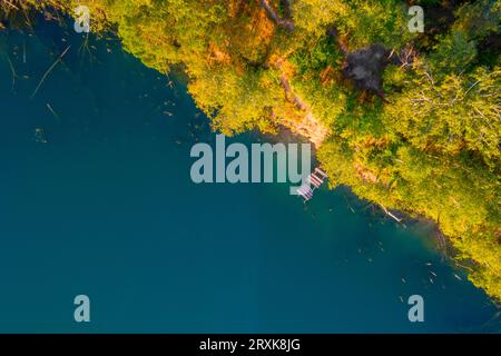 Nature's Emerald Jewel: A Bird's-Eye Glimpse of a Pristine Forest Lake in the Heart of Summer Stock Photo