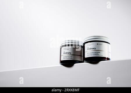 Strasbourg, France - September 2023: The Ordinary skincare brand by Deciem. Vitamin C in L-Ascorbic Acid form and Niacinamide Powder. Clean minimalist Stock Photo